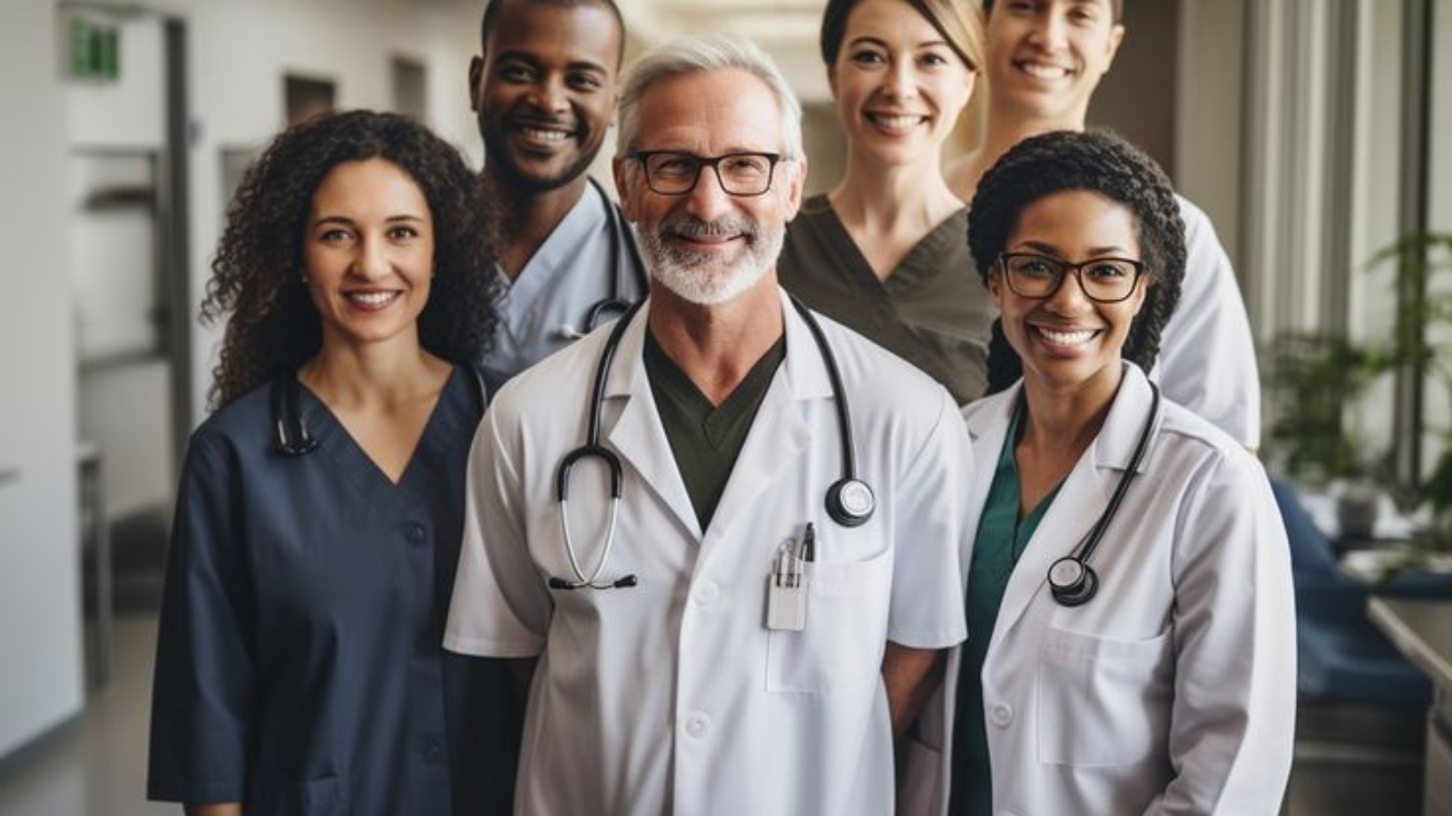 diverse group of older doctors and nurses smiling