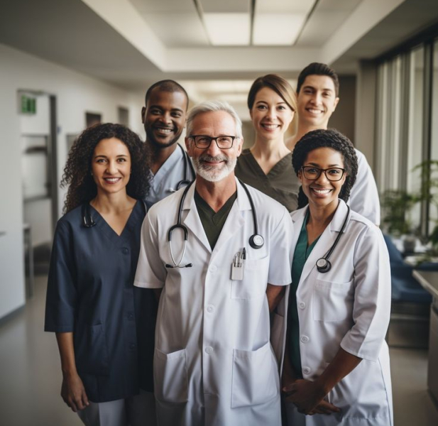 diverse group of older doctors and nurses smiling