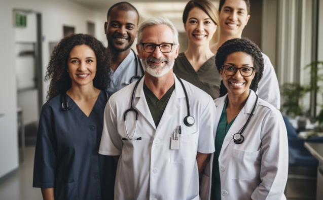 diverse group of older doctors and nurses smiling